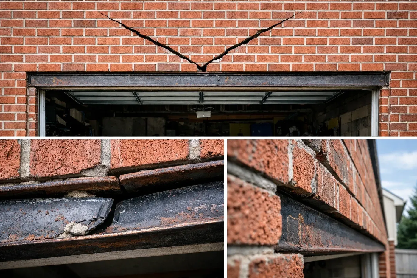 Collage showing structural garage lintel failure, including V-shaped brick cracks and torsional steel twisting.