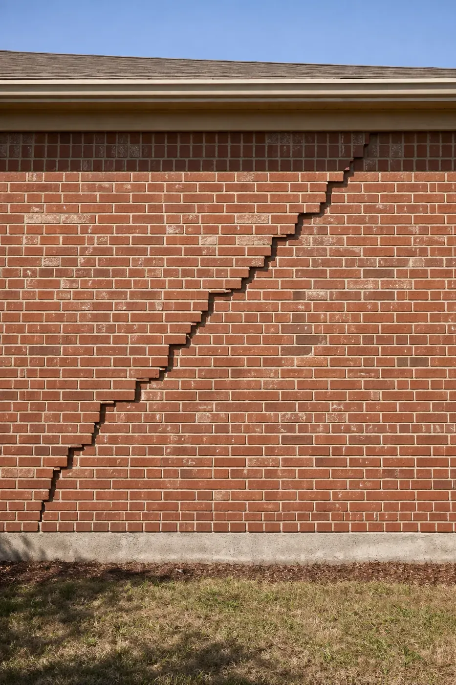 Stair-step crack pattern in Dallas residential brick wall showing foundation settling damage