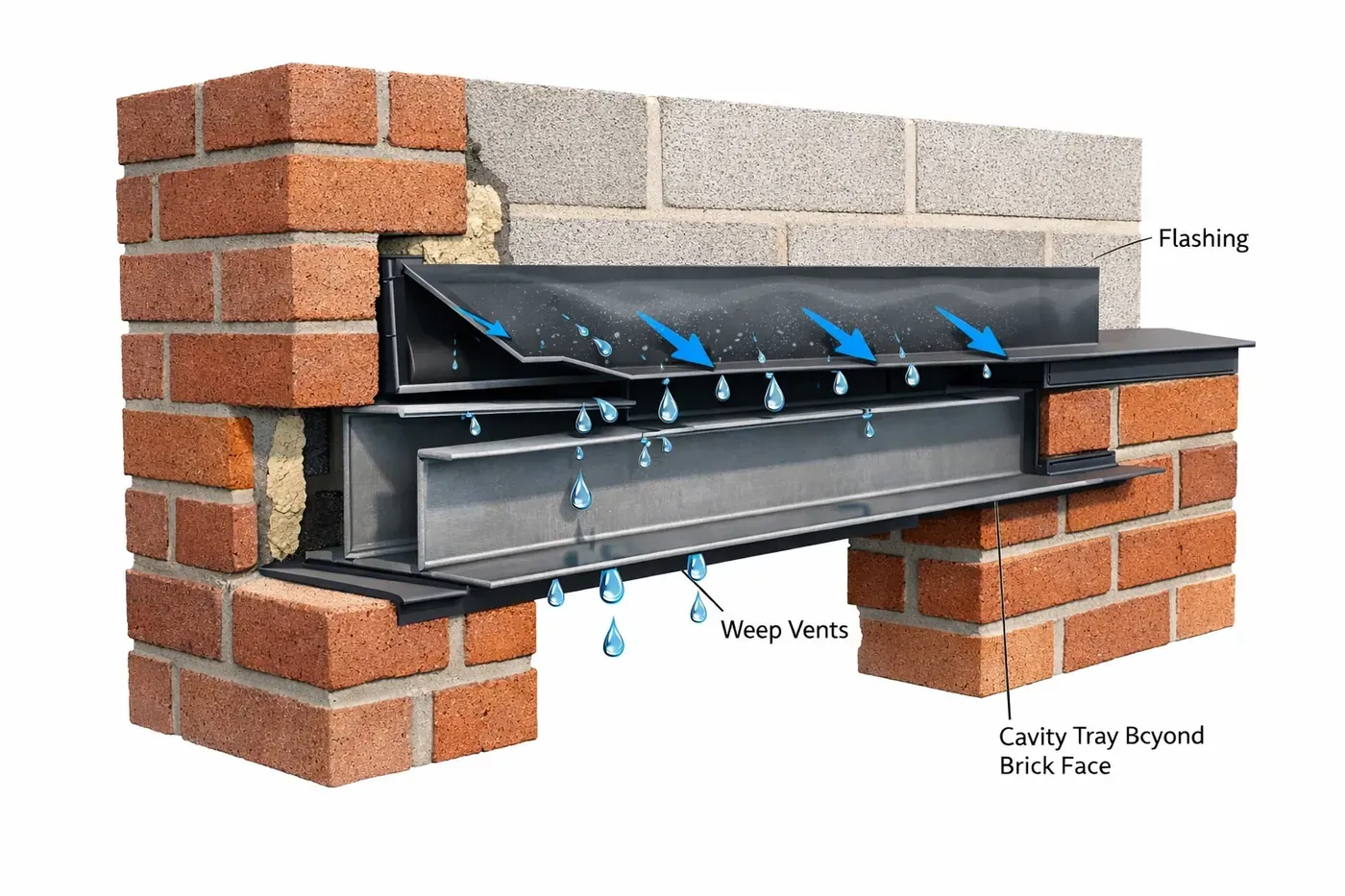 Cross-section diagram of proper lintel installation with cavity tray and moisture protection system