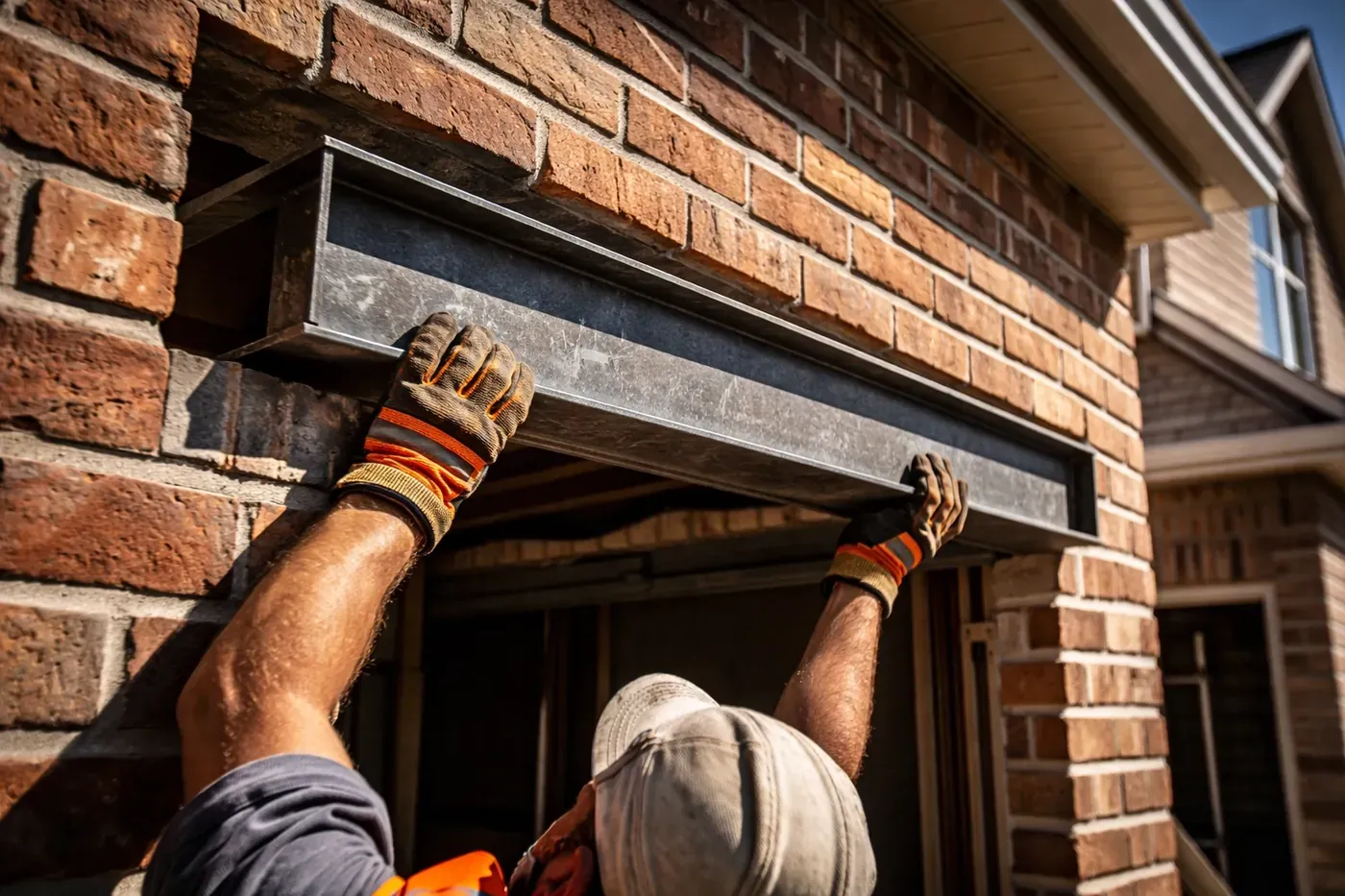 Worker positioning unanchored steel lintel above garage door opening during Dallas home construction