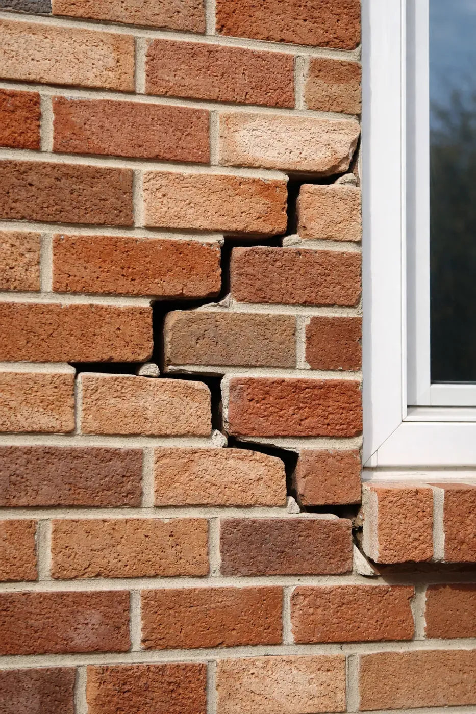 Close-up of stair-step cracks in a North Texas home’s brick wall near a window, highlighting masonry inspection issues