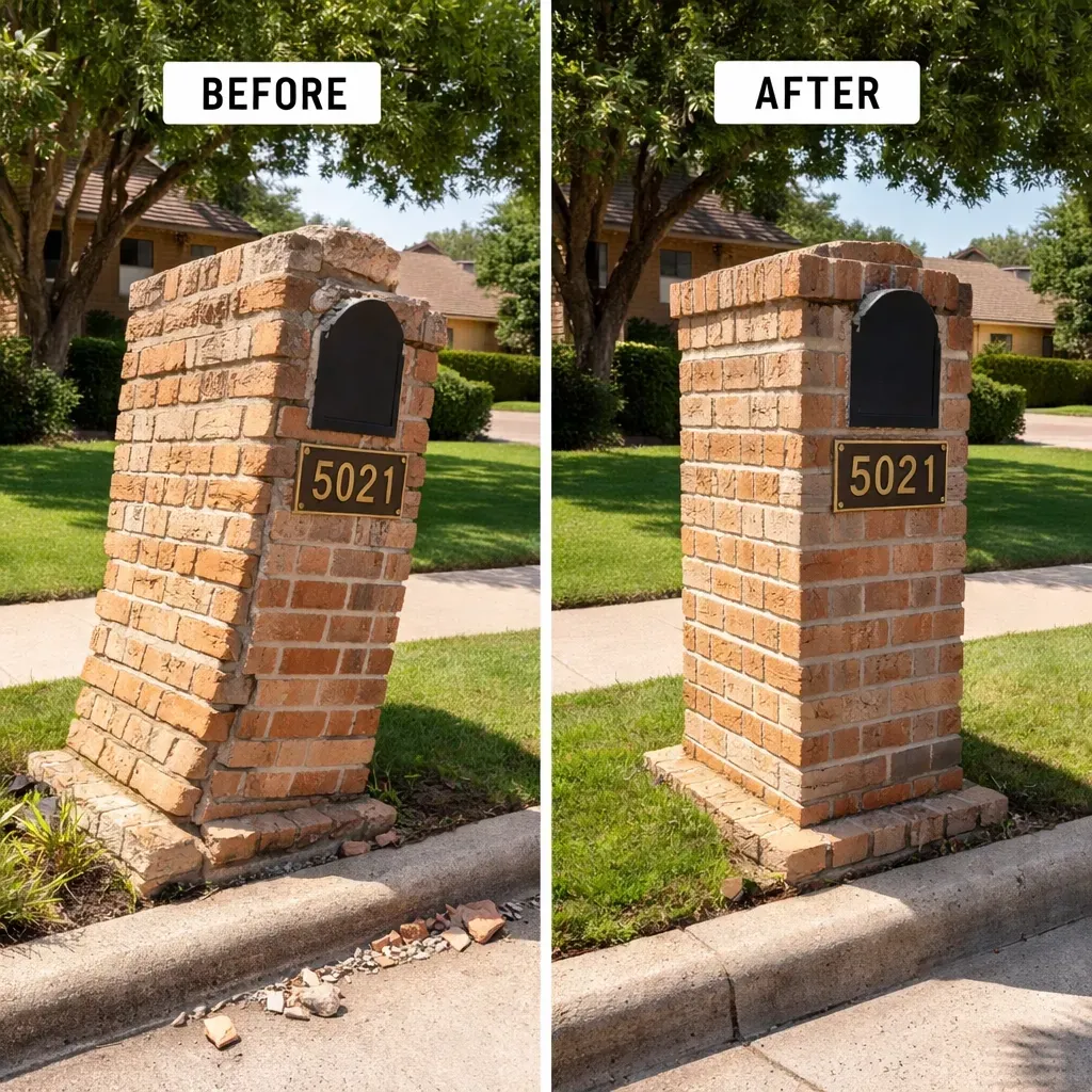 Before and after photo of brick mailbox repair in Dallas: leaning, cracked mailbox restored to upright, solid condition.