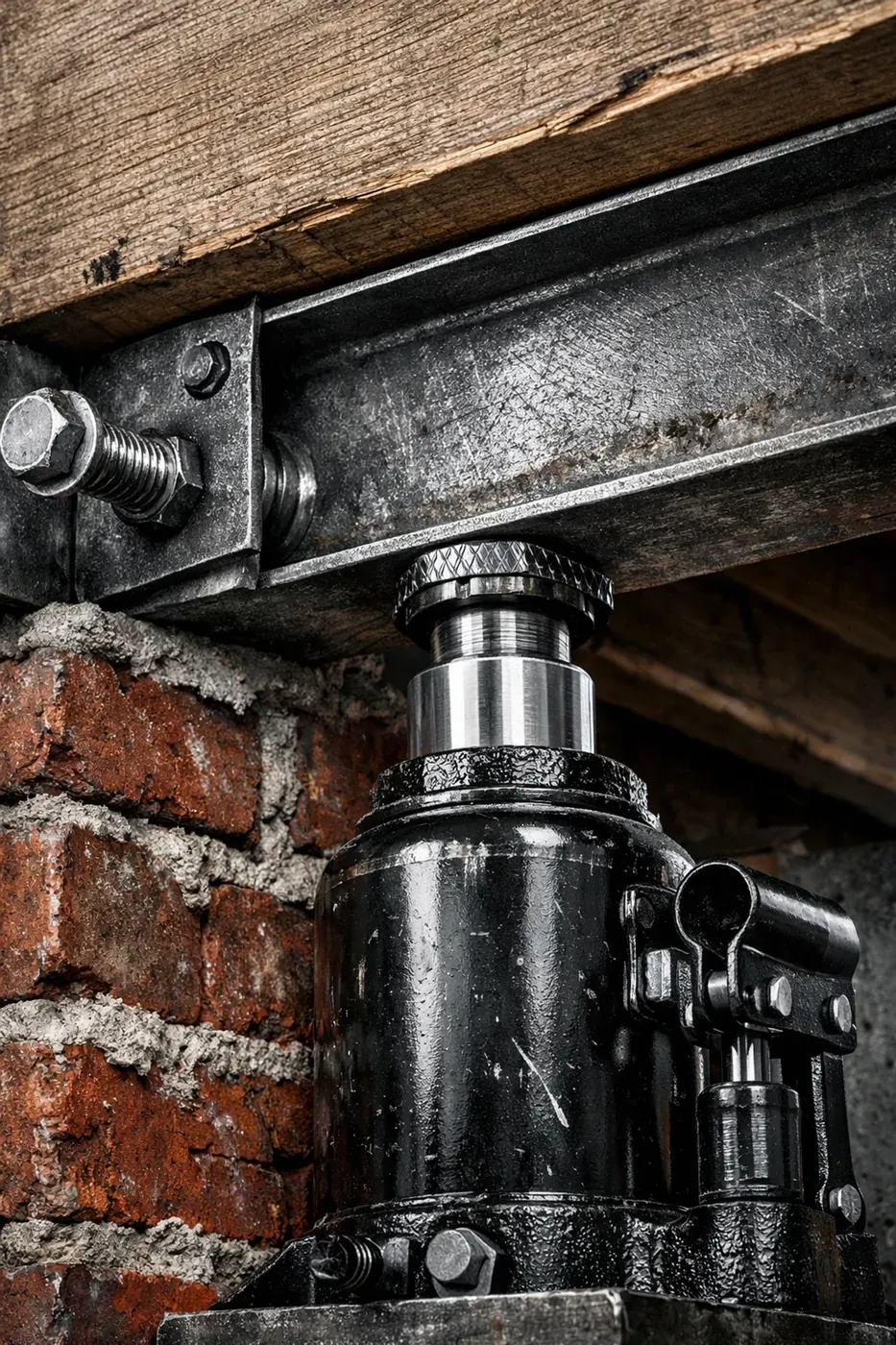 Hydraulic realignment of a sagging garage lintel using the LintleLOCK system and heavy-duty steel hardware.