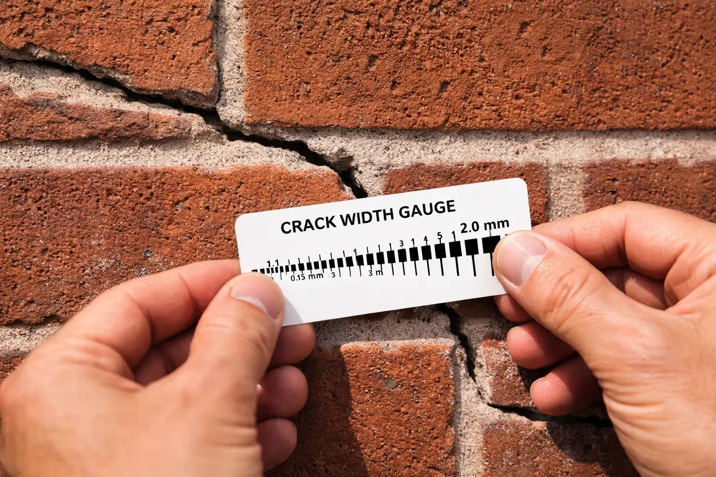 Mason measuring a stair-step crack in brick mortar joints during professional inspection