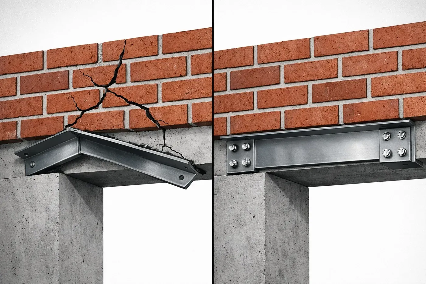 Comparison between a sagging garage lintel with rotational failure and a permanent masonry repair solution in Dallas TX.