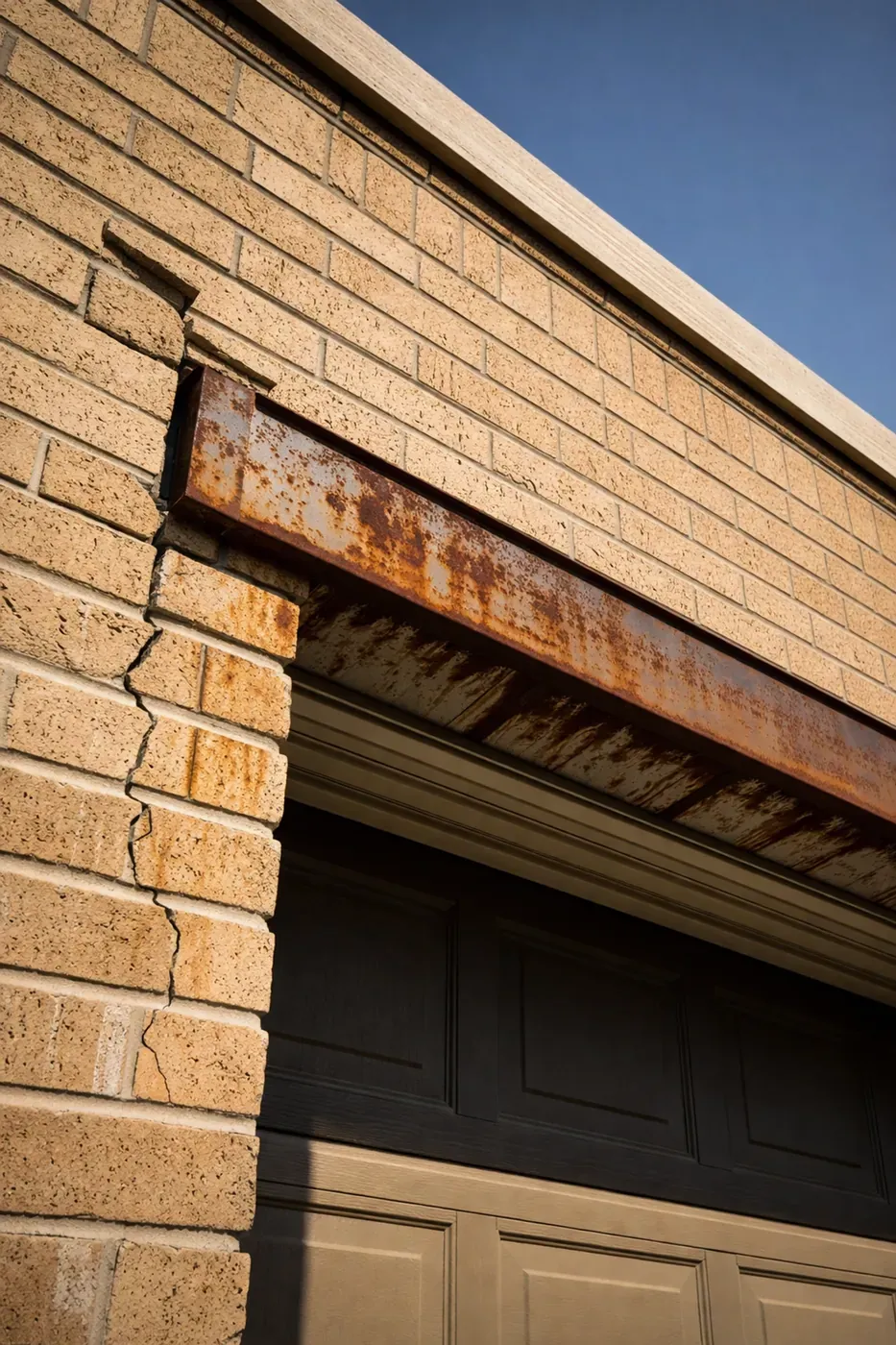 Close-up of rusted garage lintel with stair-step brick cracks, showing signs of structural lintel failure in Dallas home