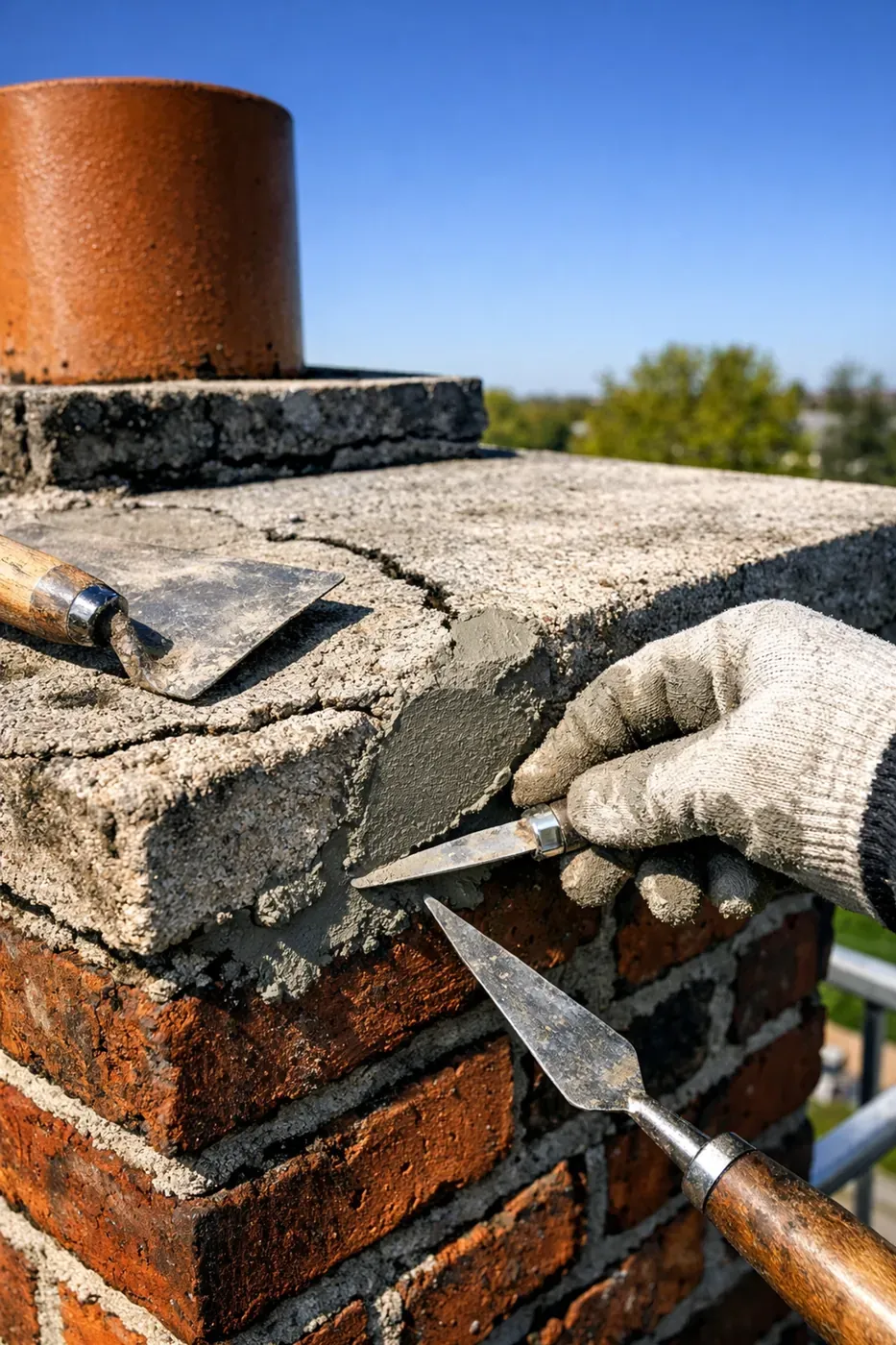 Mason repairing cracked chimney mortar cap with fresh mortar and tools during spring repair