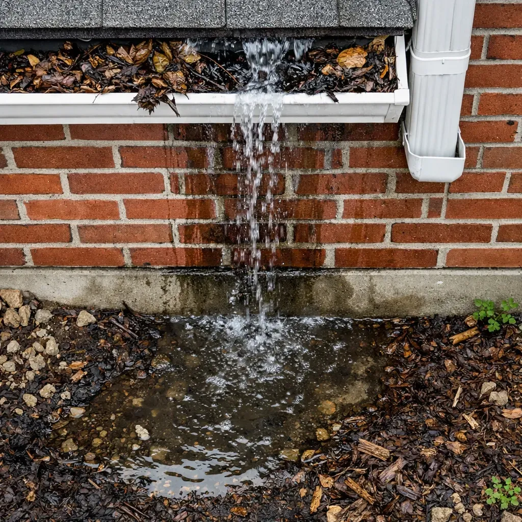 Clogged gutter causing water damage to brick wall and foundation in Dallas home