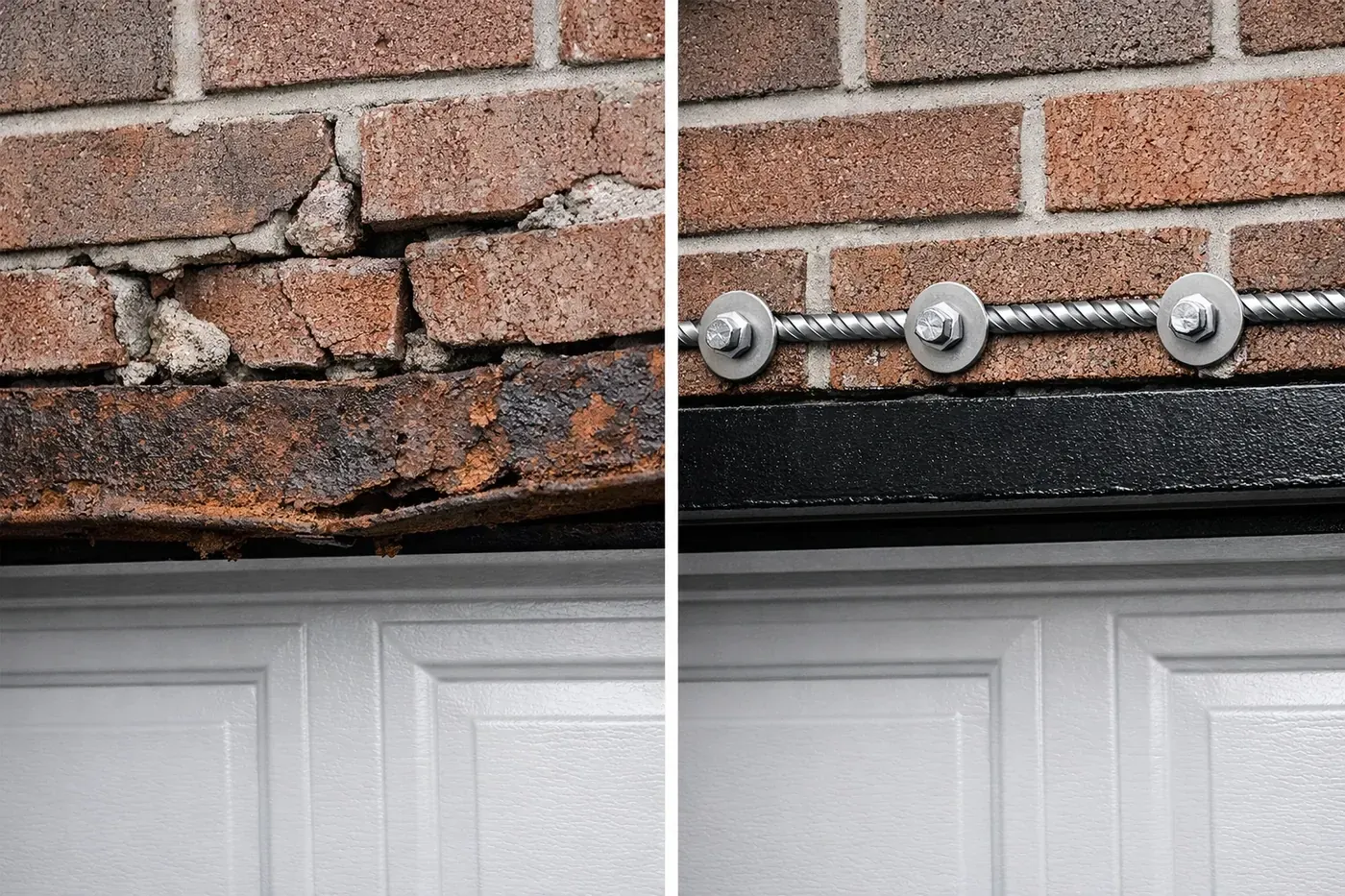 Before and after comparison of corroded steel lintel vs LintleLOCK helical anchor repair