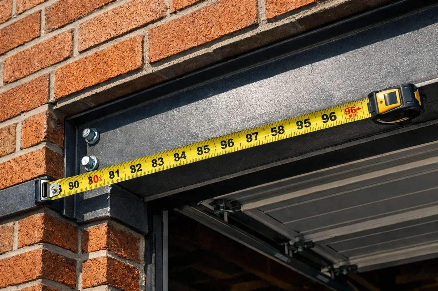 Steel lintel measured across garage door opening showing span length that affects repair cost