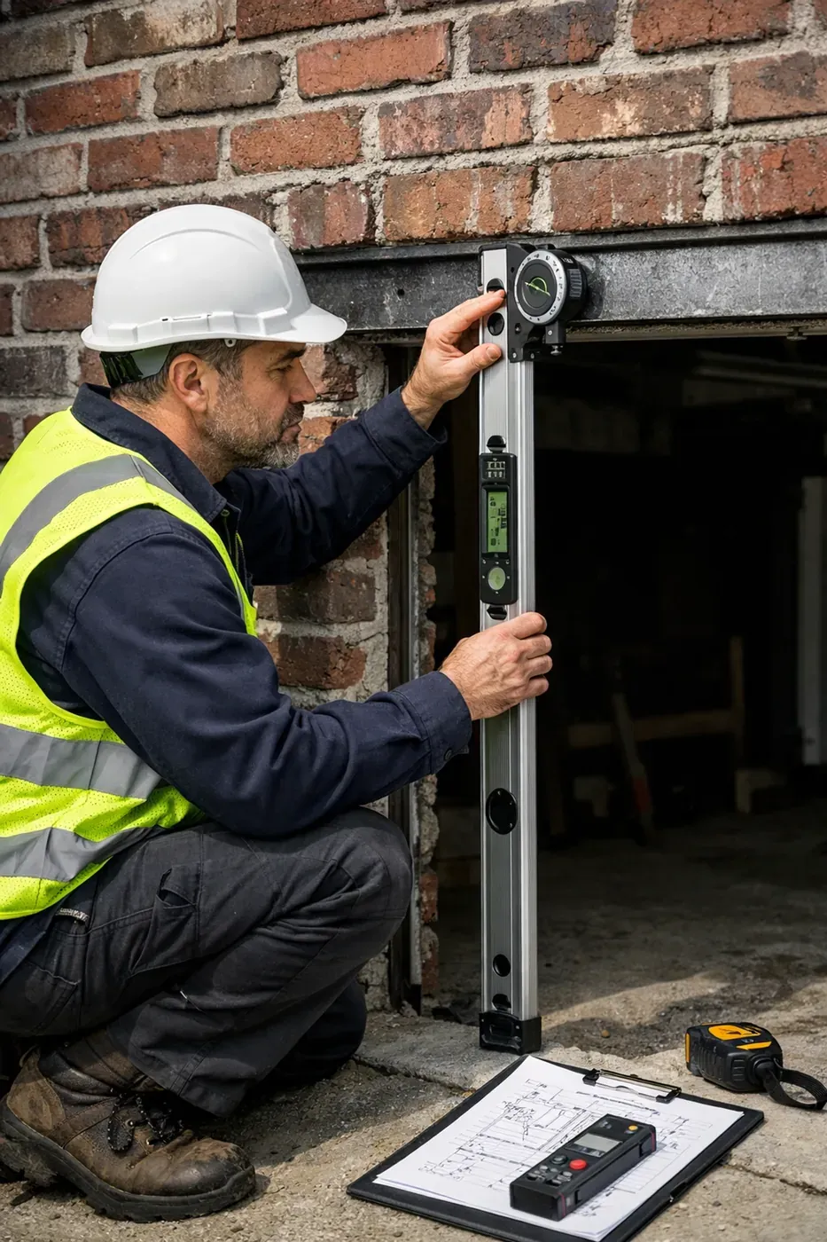 Masonry technician measuring garage lintel deflection during structural assessment