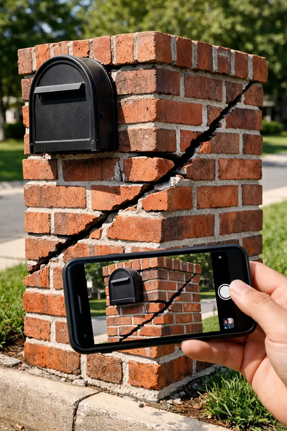 Documenting cracked brick mailbox damage with smartphone for repair estimate in Dallas
