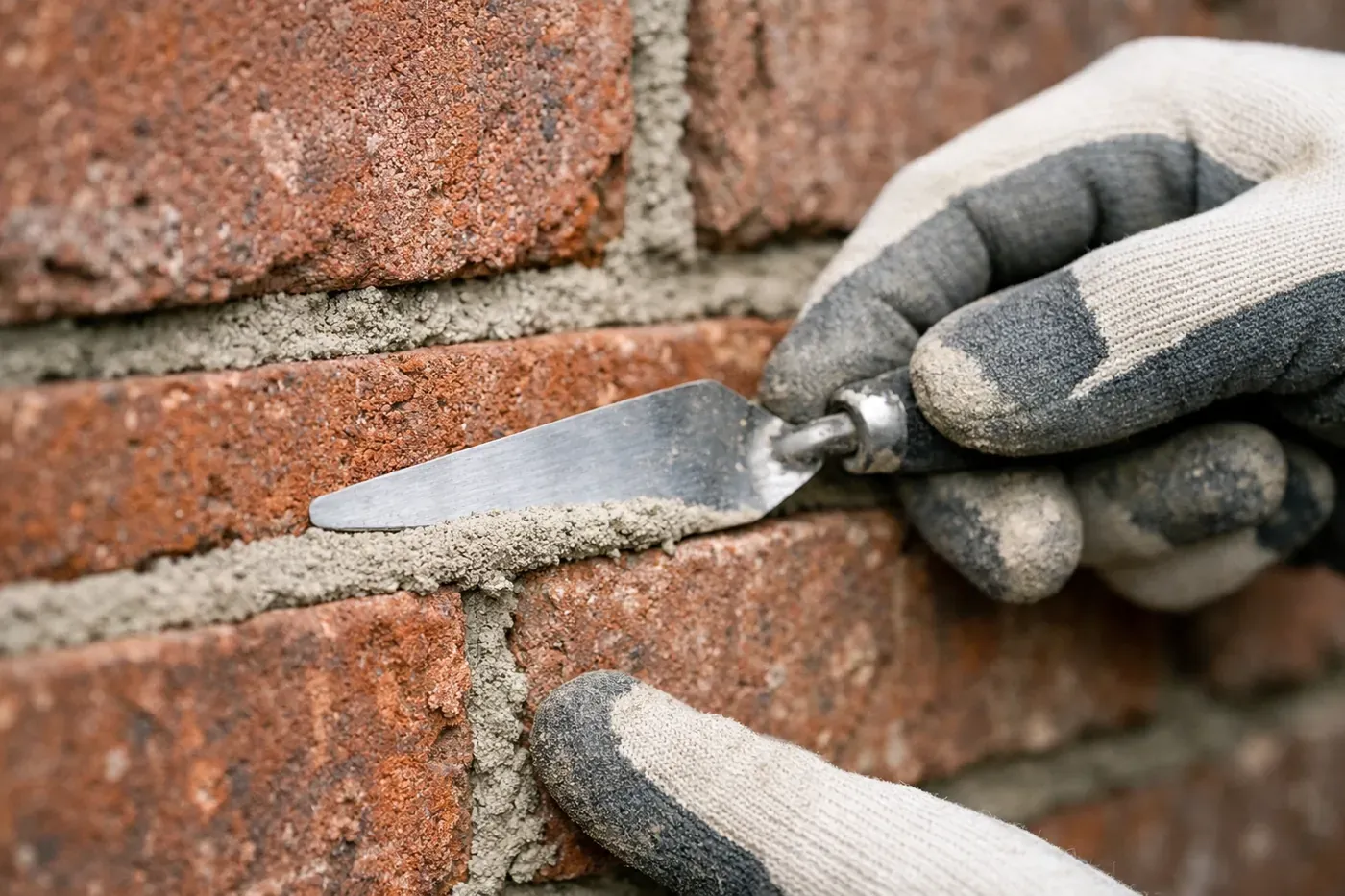 Brick mason applying custom-matched mortar for invisible brick repair