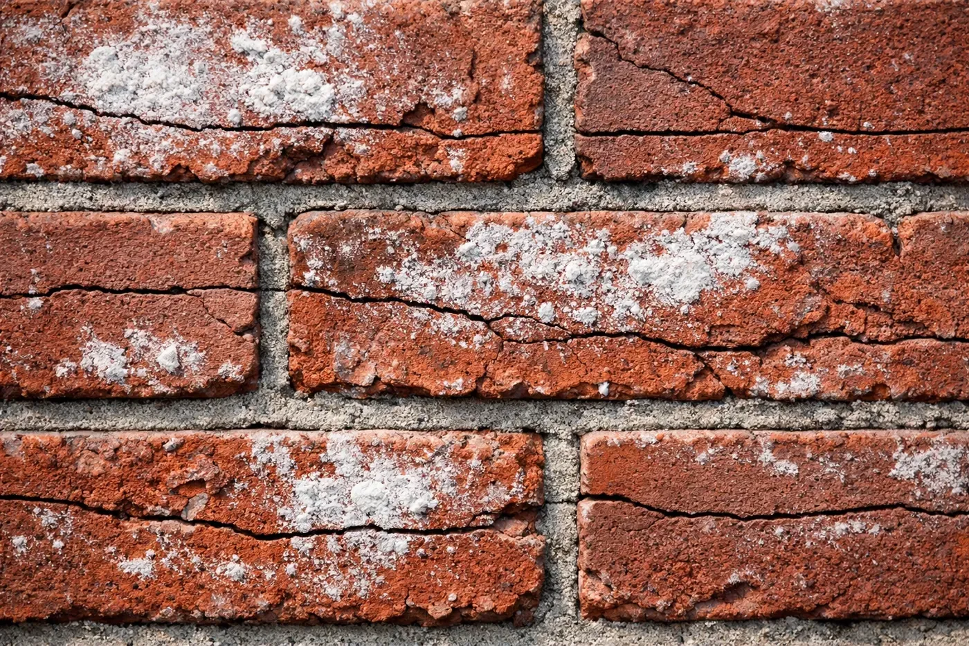 Early warning signs of spalling brick with efflorescence and hairline cracks on red brick wall