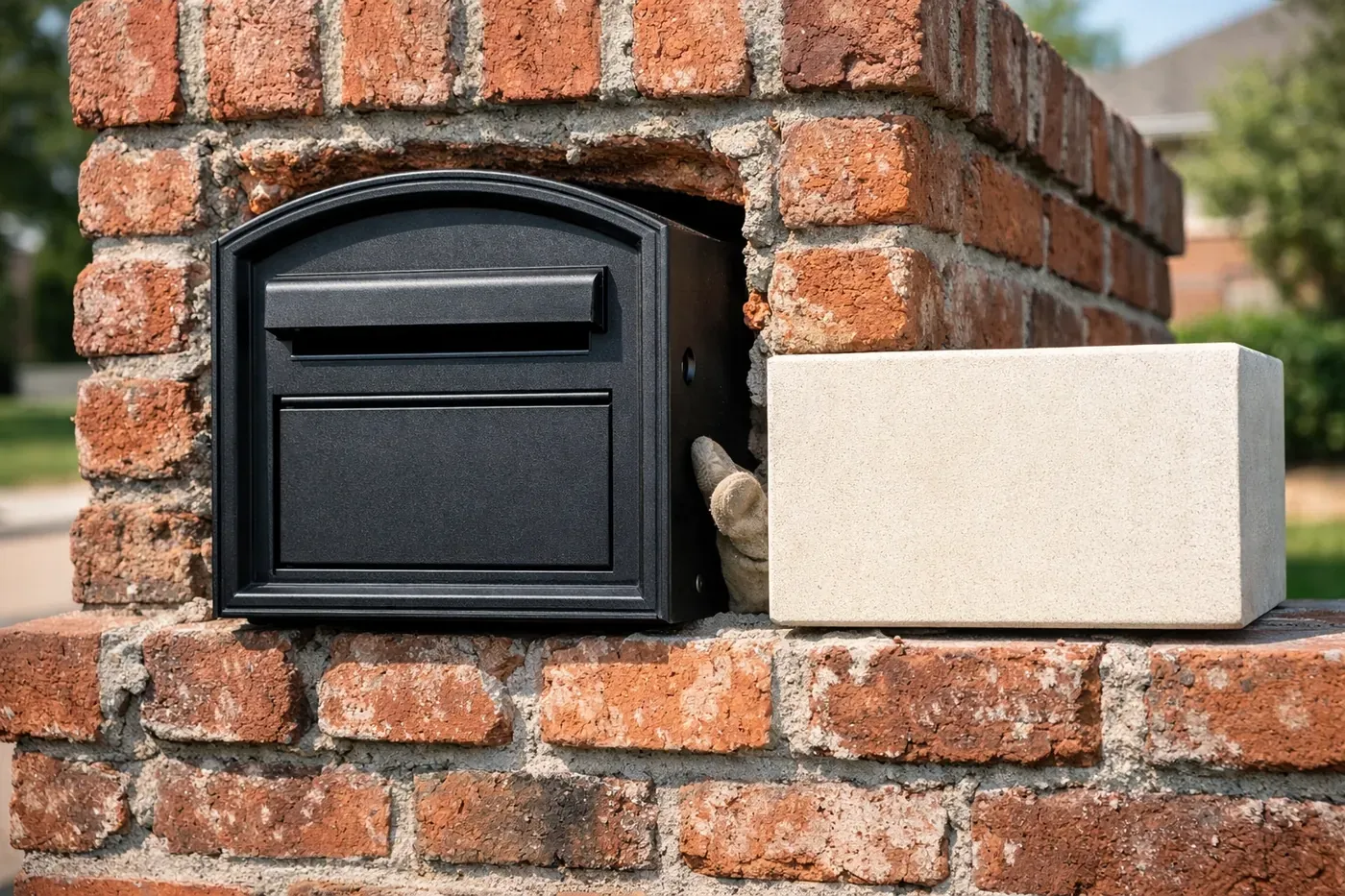 Brick mailbox repair in Dallas showing a new cast aluminum insert and limestone address block installation.