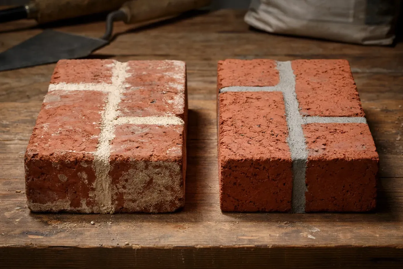 Comparison of vintage brick with lime mortar versus newer brick with Portland cement mortar