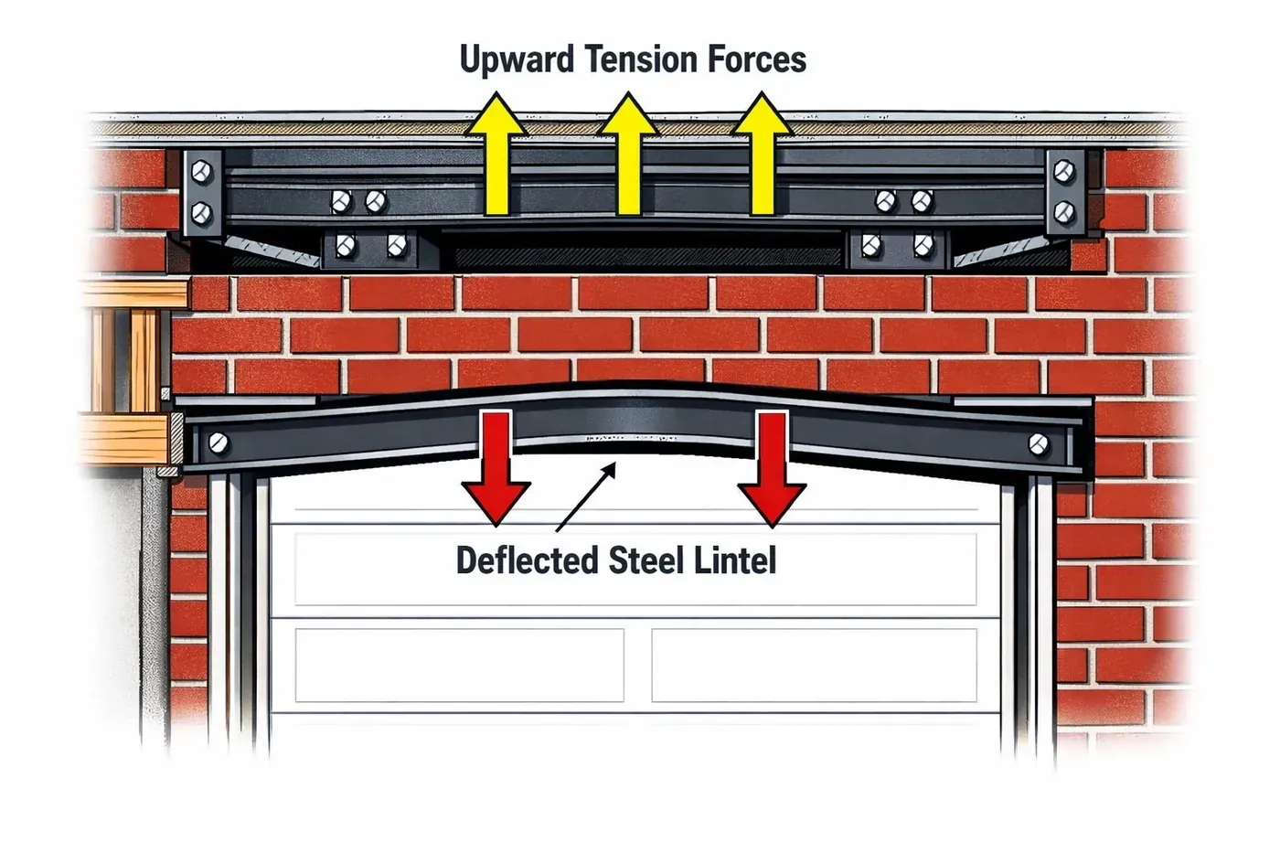 Garage lintel repair diagram showing LintleLOCK drawing action correcting sagging brick