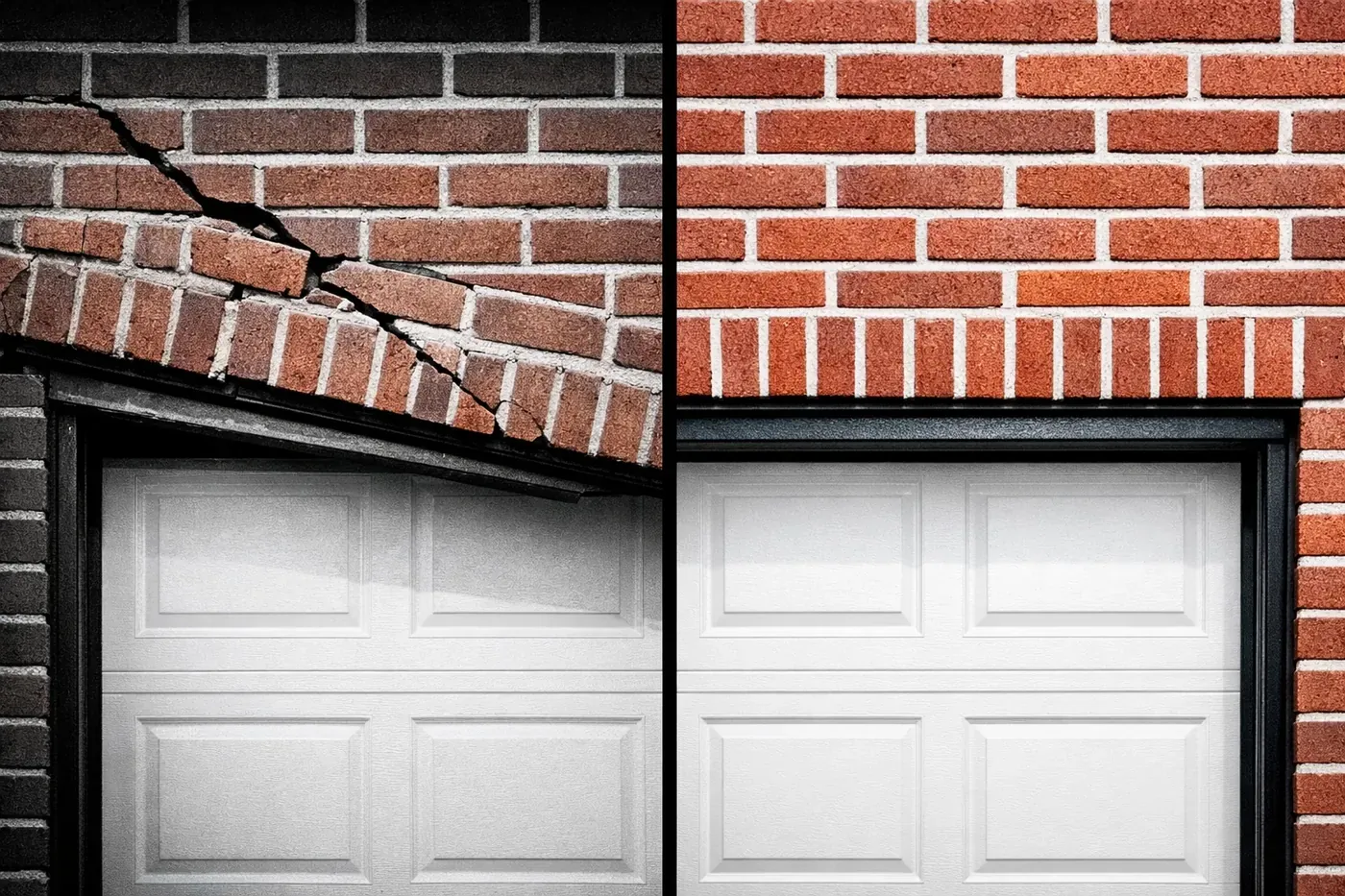 Comparison of sagging damaged garage lintel versus properly installed level lintel repair