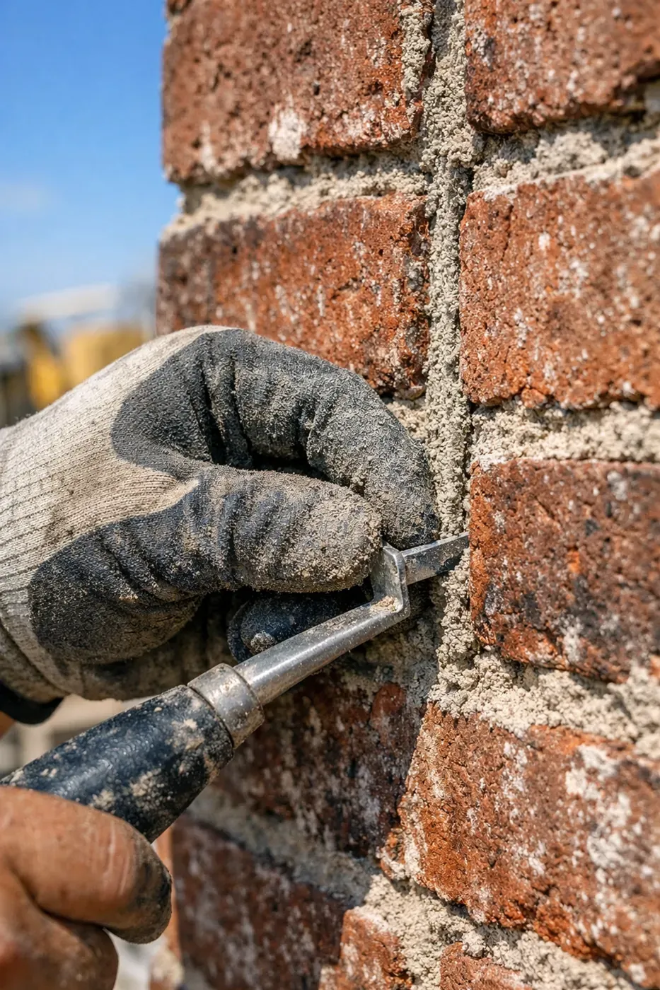 Masonry repair Dallas TX: skilled technician tuckpointing mortar into a historic red brick wall.