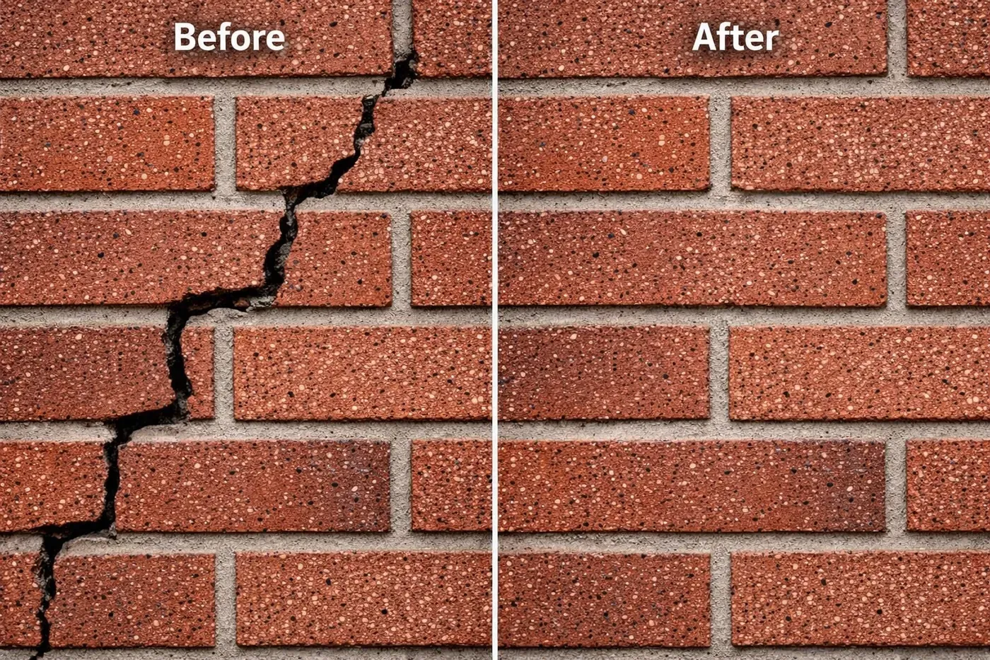 Expert brick crack repair near me showing a seamless mortar match on a stair-step crack in Dallas.