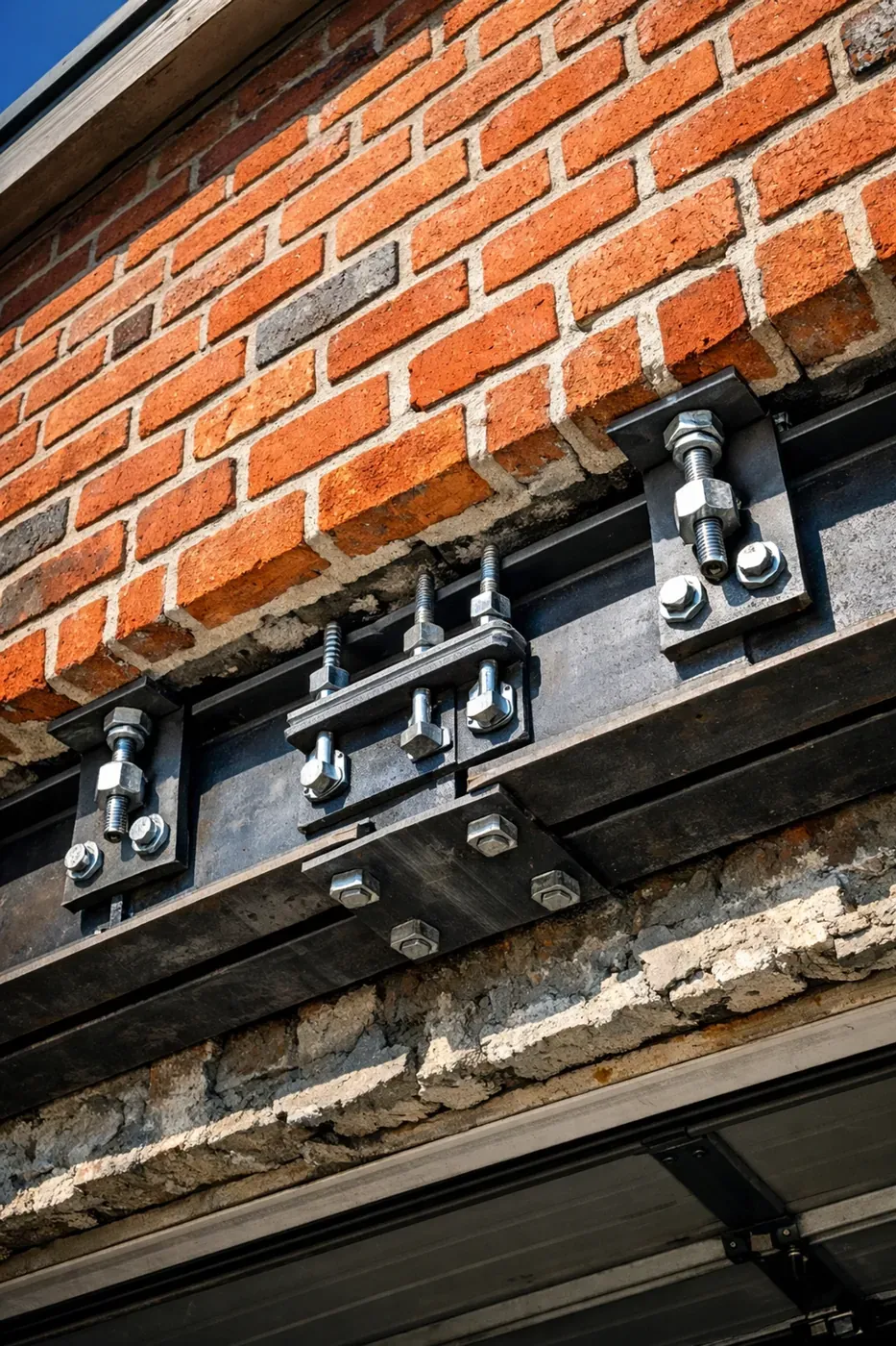 Expert brick garage lintel repair showing steel reinforcement installed to correct rotational sagging and brick cracks.