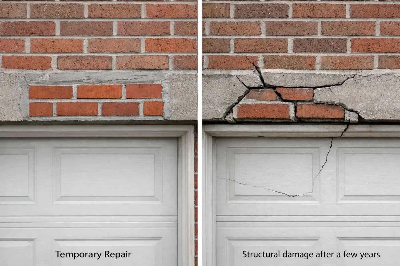 Failed garage lintel repair showing new cracks forming after temporary patch work