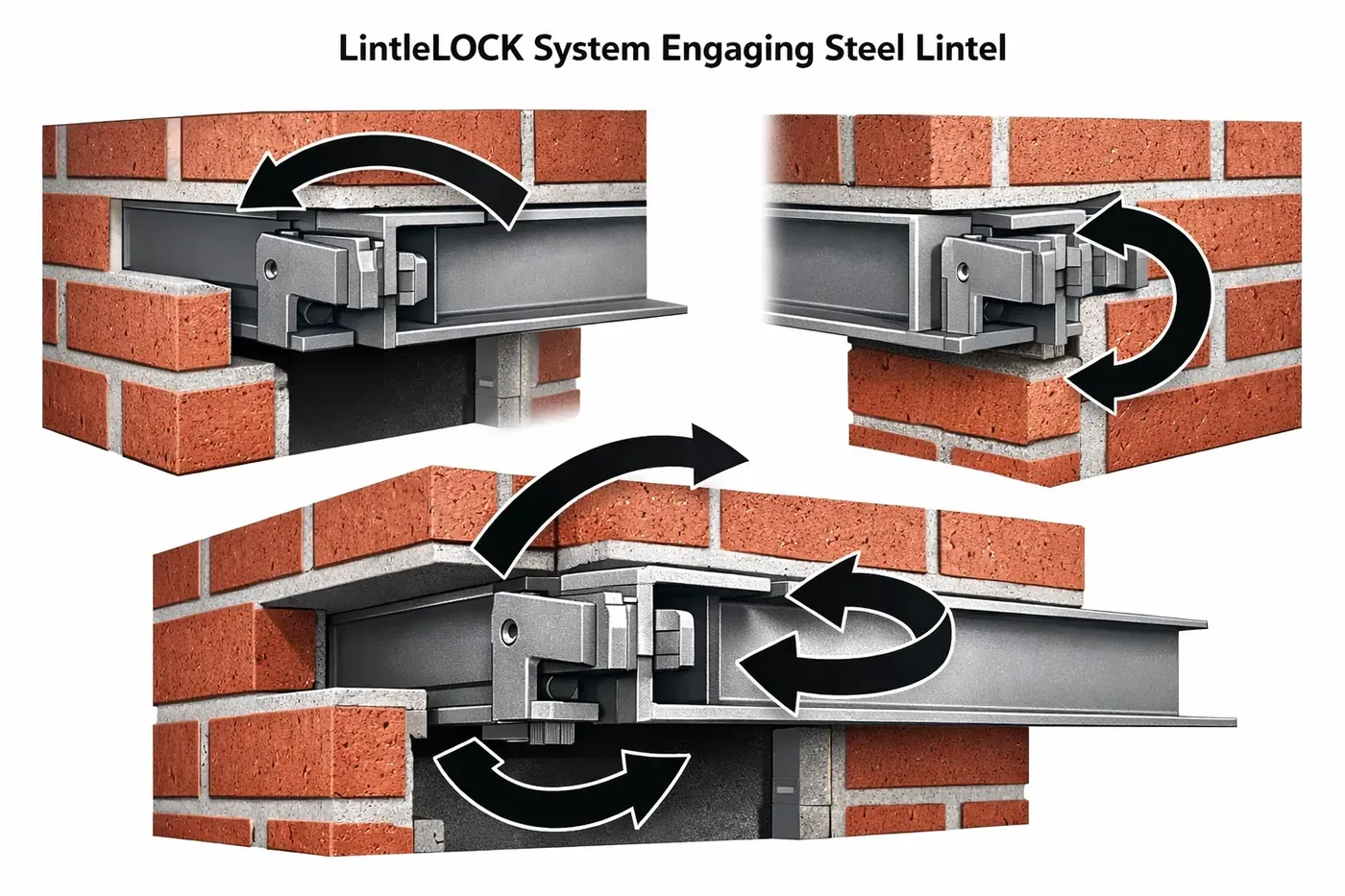 LintleLOCK system diagram showing multi-angle lintel rotation correction method