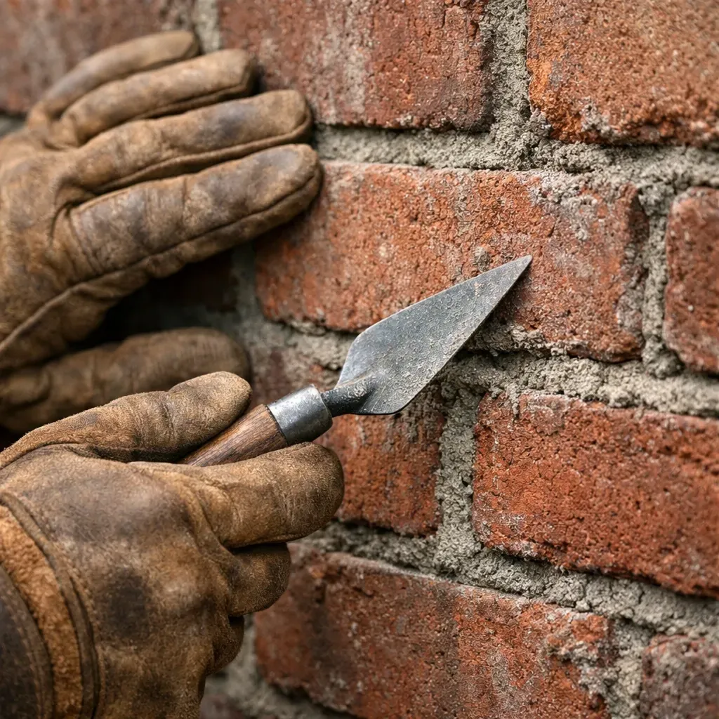 Mason inspecting deteriorated mortar joints on brick wall during pre-listing inspection