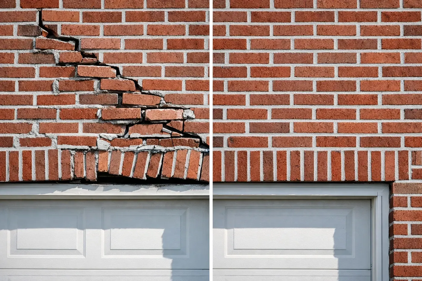 Before and after garage lintel repair showing cracked bricks vs seamless structural repair