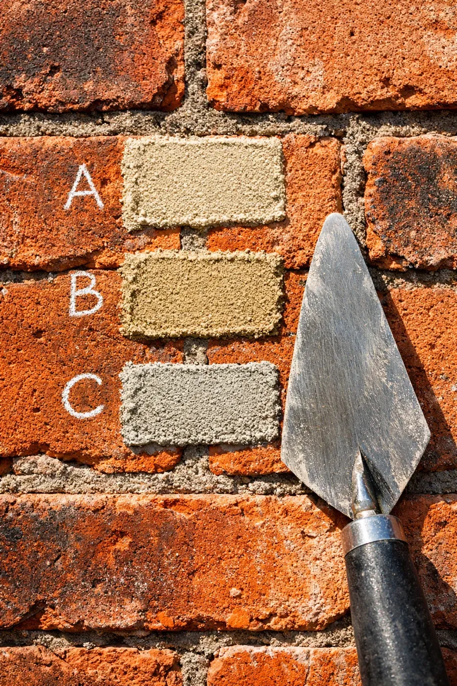 Tuckpointing specialist performing a mortar match test on a historic Dallas brick wall to ensure seamless restoration.