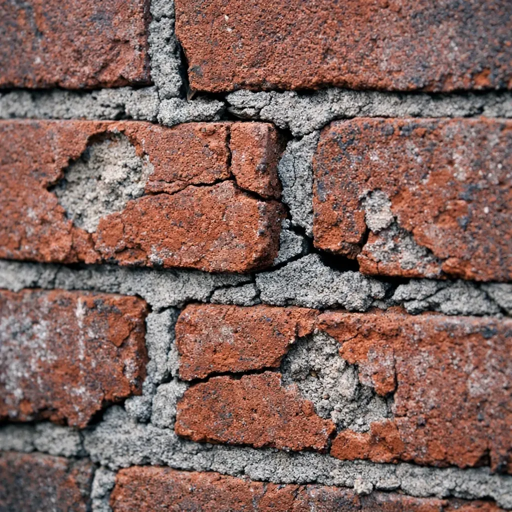 Spalled brick and cracked mortar from freeze-thaw damage on Dallas home chimney