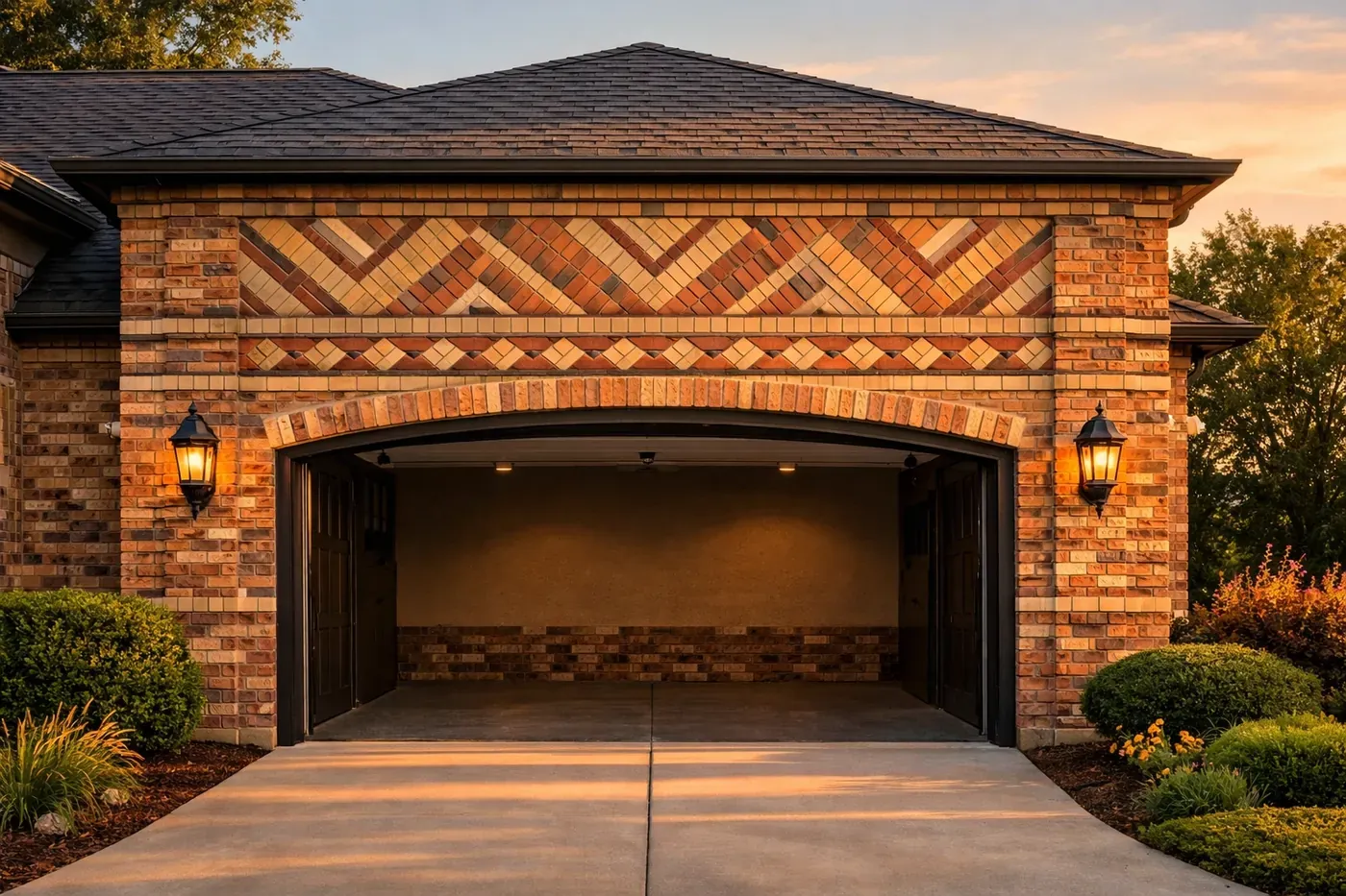 Dallas area brick garage with custom masonry work and oversized door opening