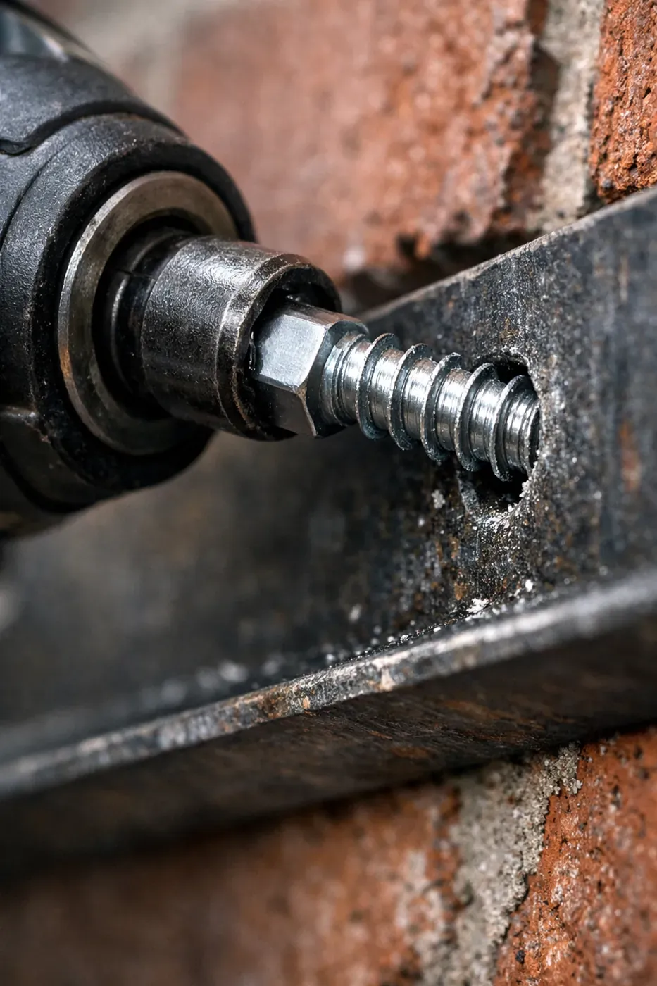 Heavy-duty lag bolt being installed through steel lintel during LintleLOCK repair process