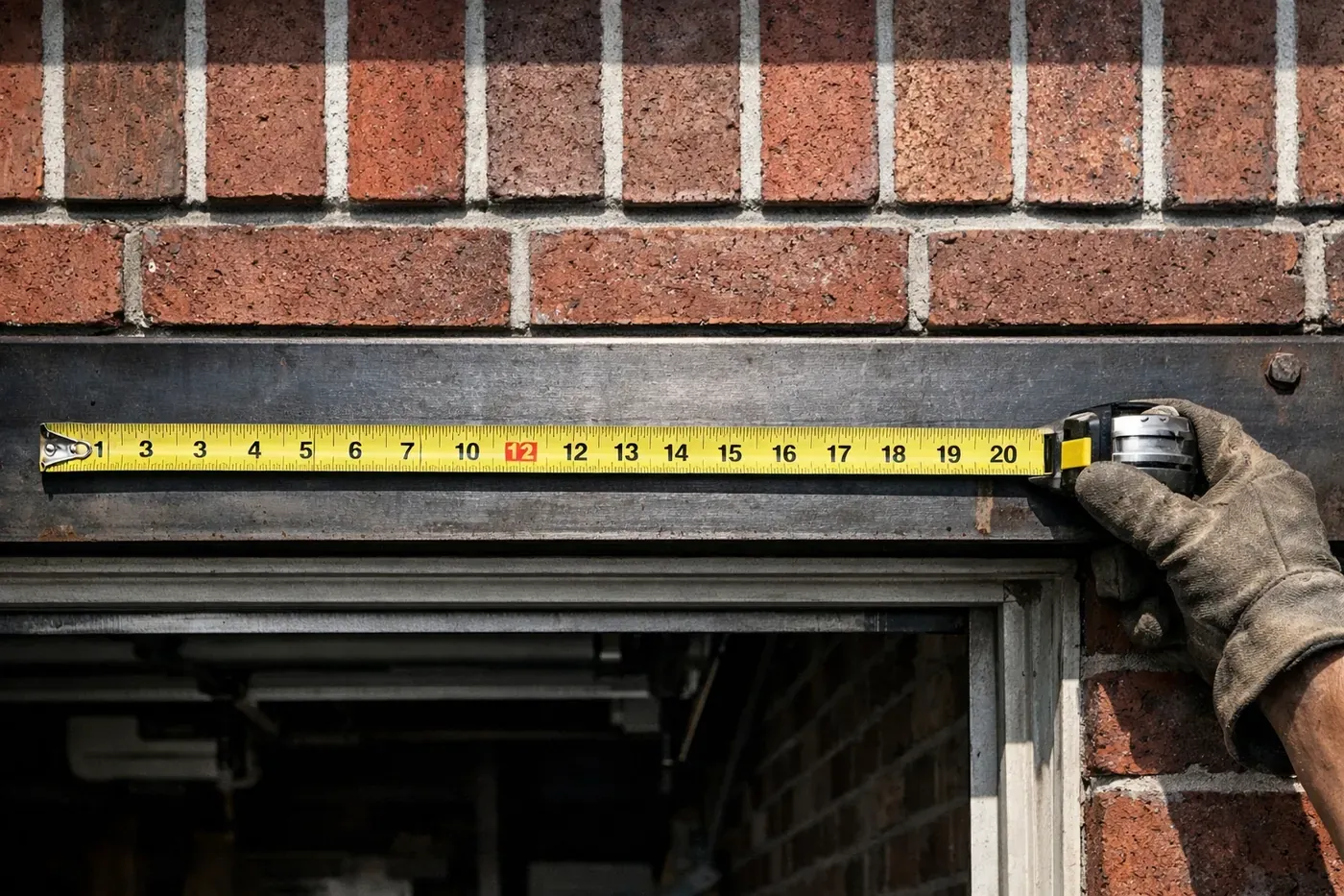 Professional measurement of a steel garage lintel for structural brick repair in Dallas, Texas.