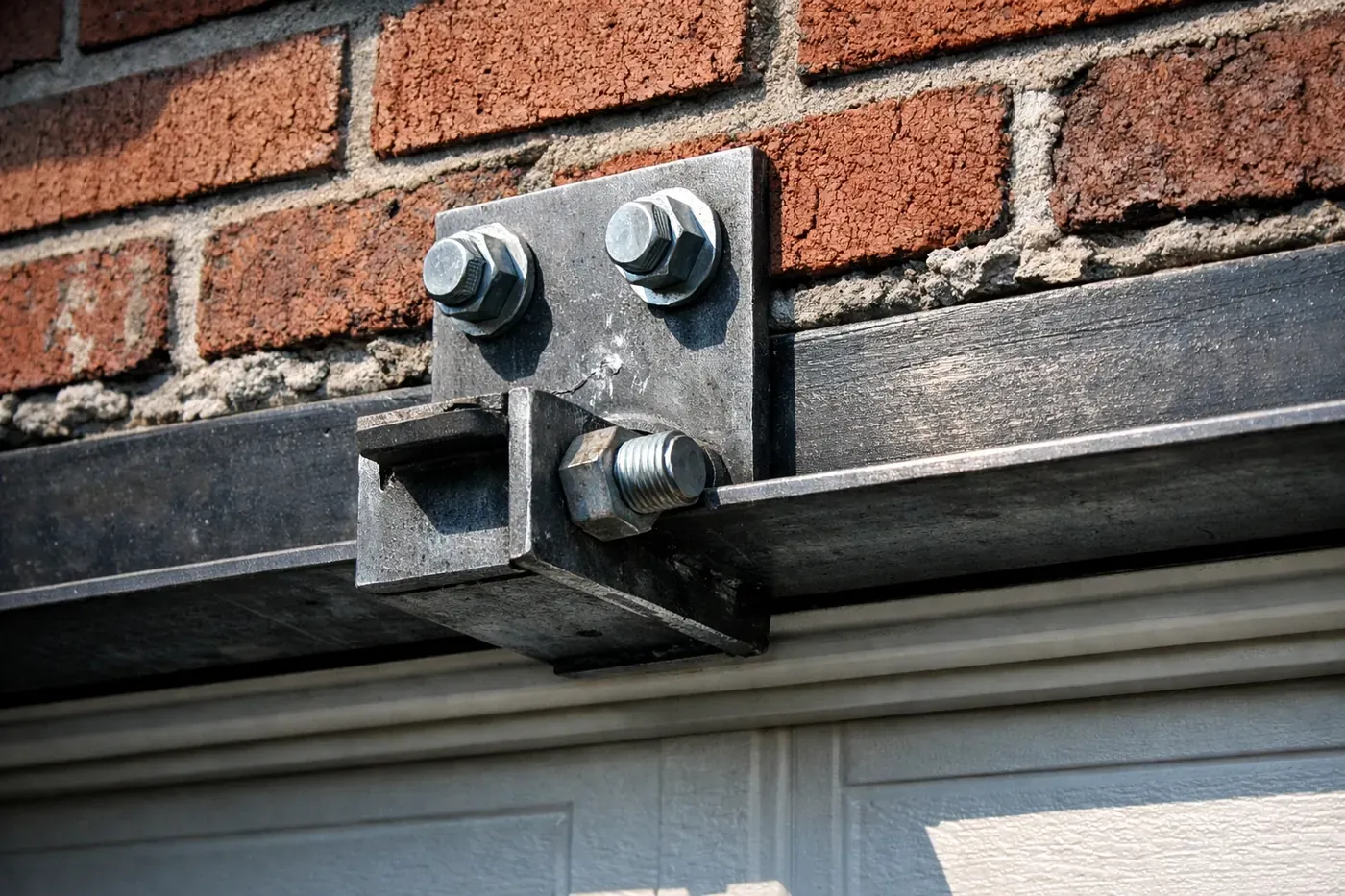 Professional garage lintel repair showing a steel bracket securing a sagging brick header above a garage door.