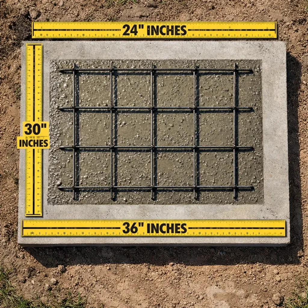 Overhead view of reinforced concrete foundation with rebar for brick mailbox repair