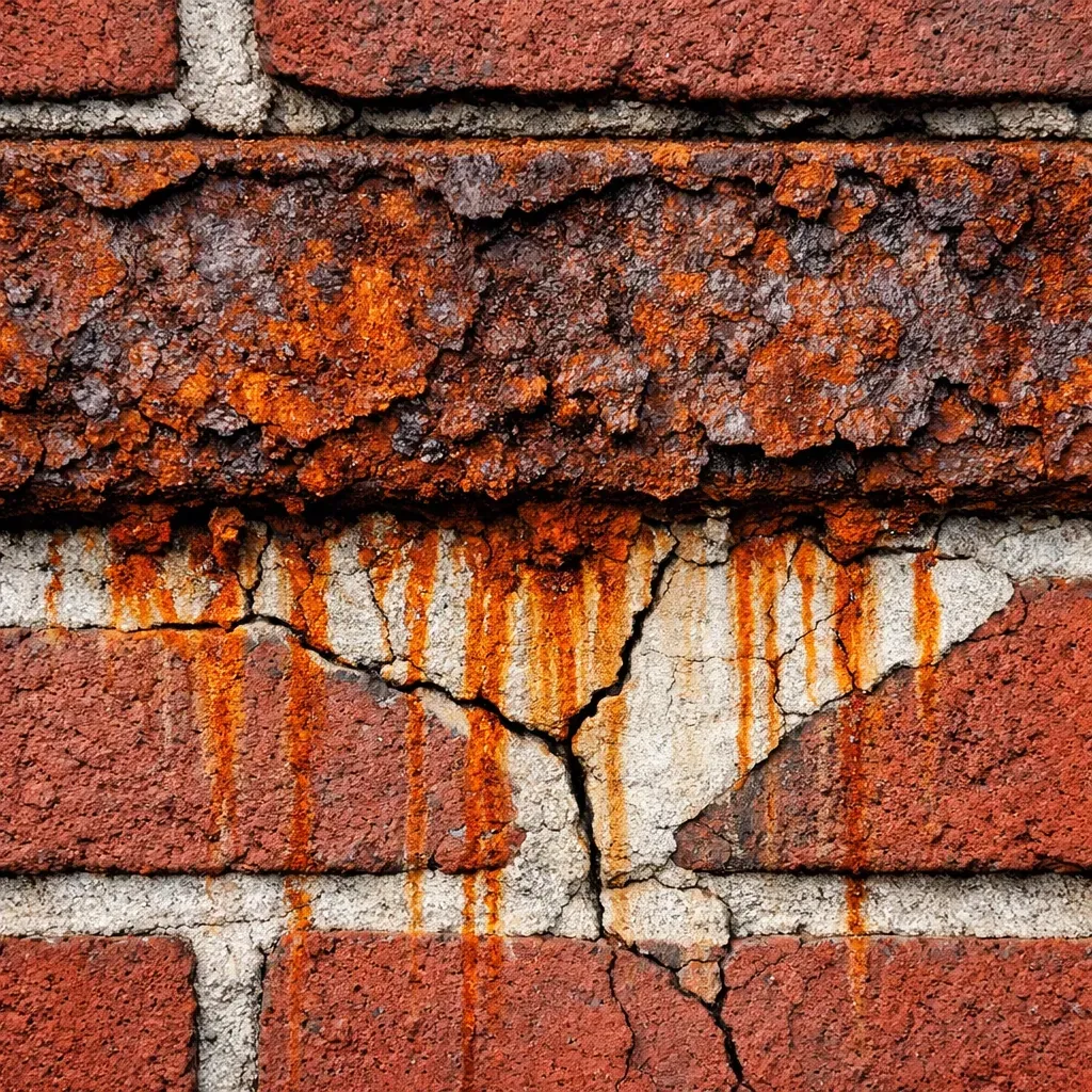 Corroded steel garage lintel showing rust stains and vertical cracks in brick mortar joints