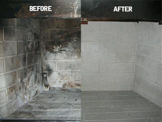 Before and after of a firebox repair showing precise mortar matching