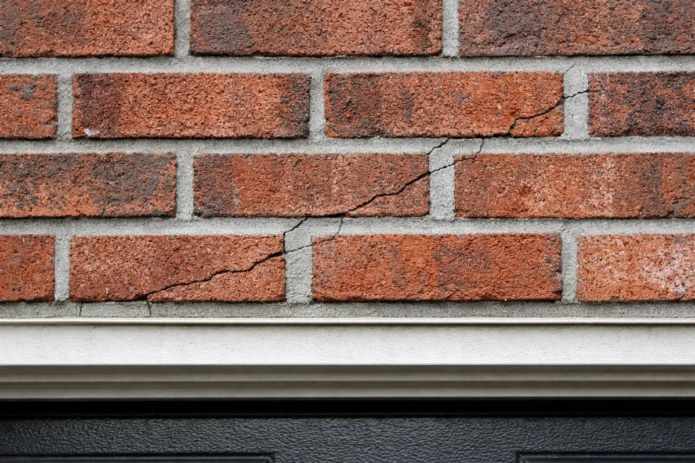 Failed mortar repointing above garage door with cracks returning through fresh mortar joints