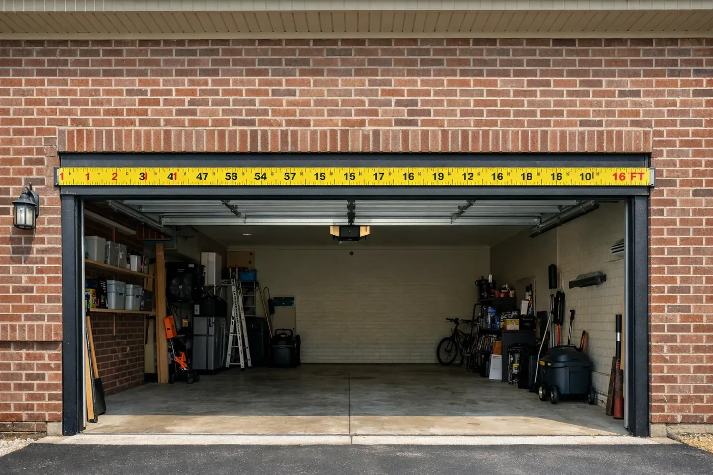 Double-car garage door with brick facade showing steel lintel installation area above opening
