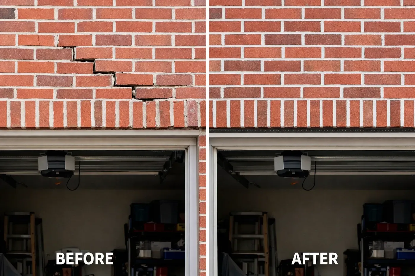 Before and after comparison of failed garage lintel repair vs permanent LintleLOCK fix