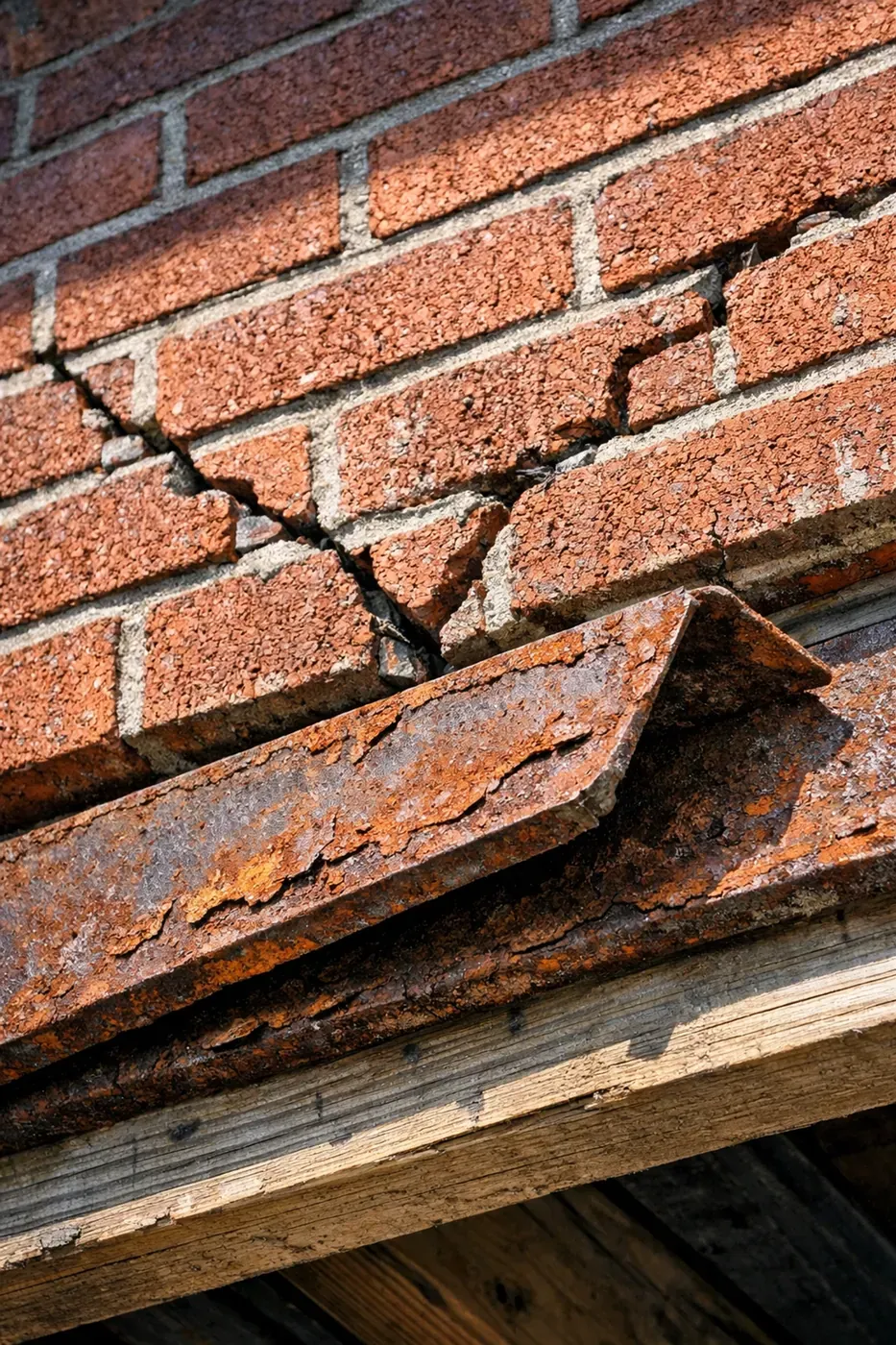 Close-up of rotational lintel failure showing rusted steel and sagging garage bricks.