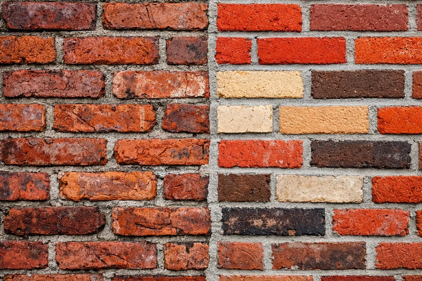 Historic Dallas brick next to mismatched repair showing poor brick matching and color differences