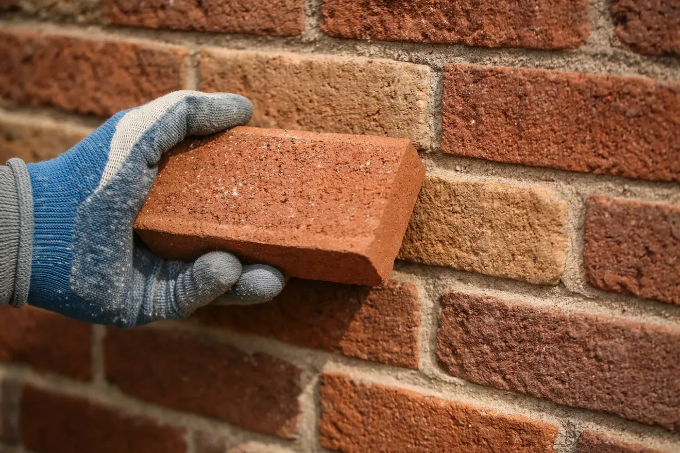 Mason matching replacement brick color against existing weathered brick wall