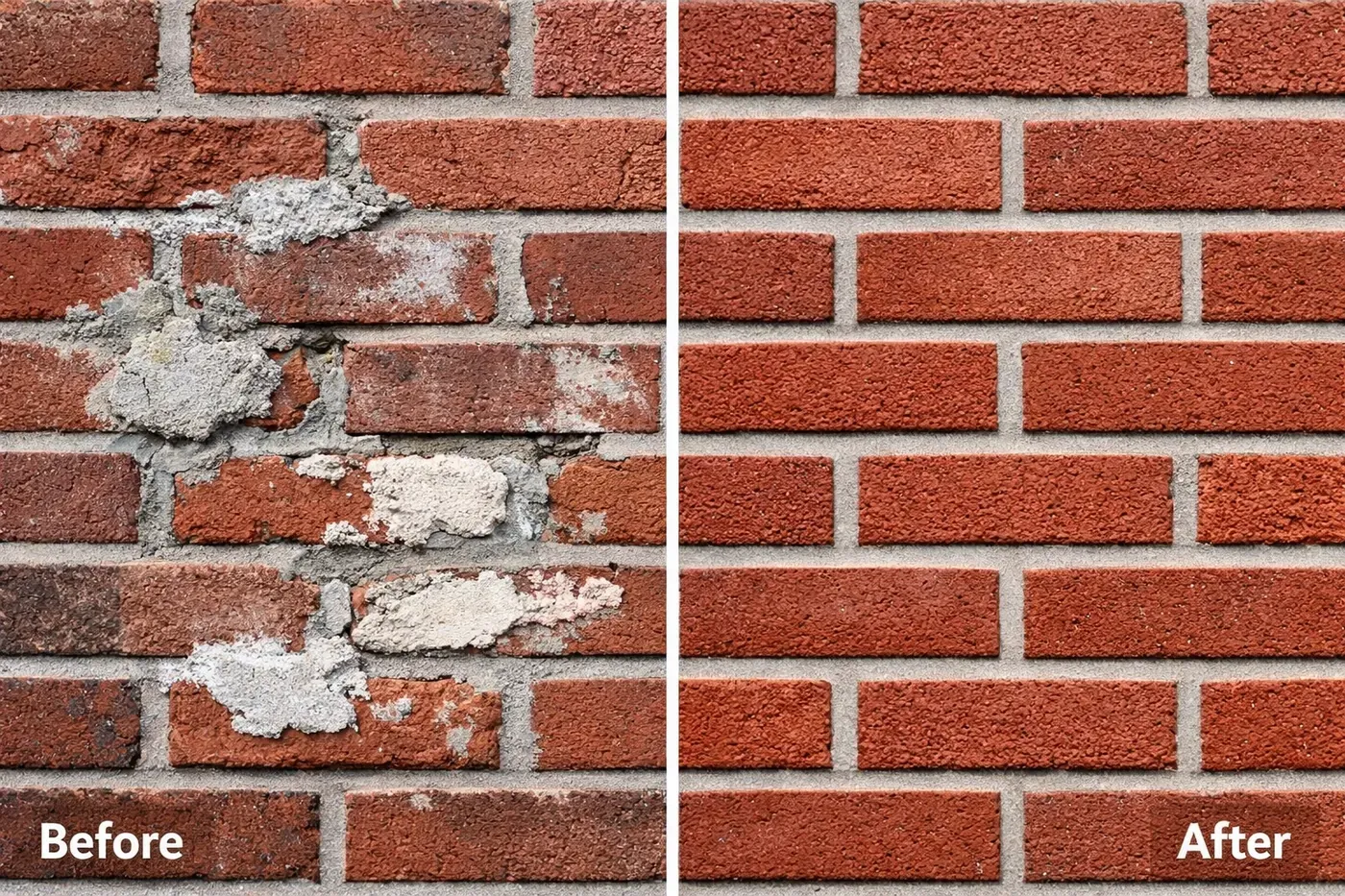 Before and after comparison of failed DIY brick patch versus professional spalling brick repair