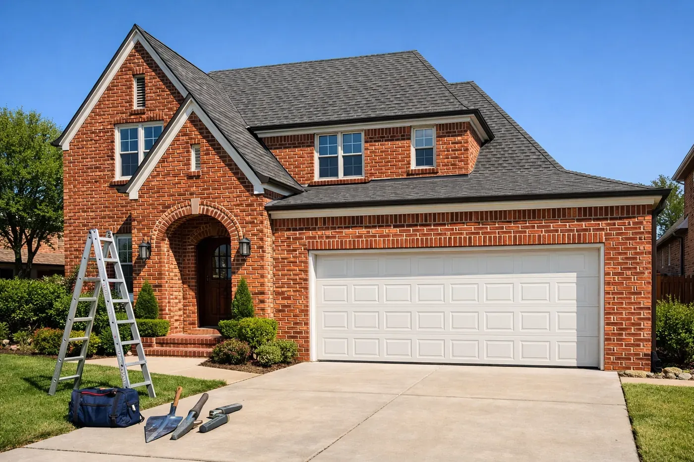 A Dallas brick home with a restored garage lintel and perfectly matched mortar after masonry repair.